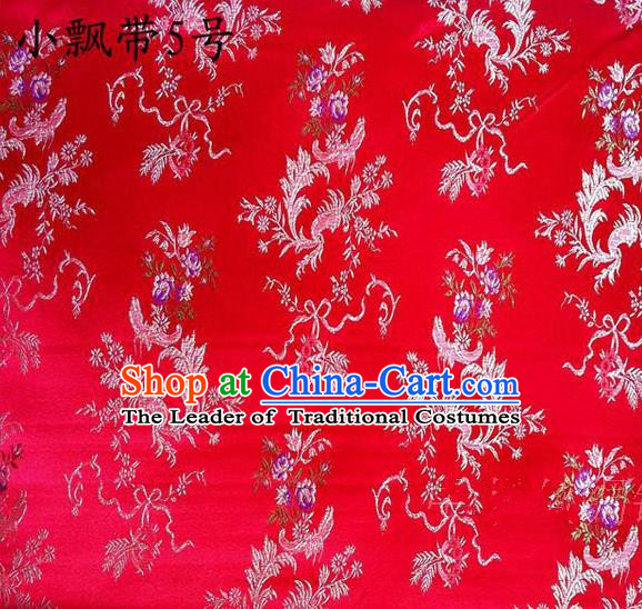 Traditional Asian Chinese Handmade Embroidery Flowers Ribbons Satin Red Silk Fabric, Top Grade Nanjing Brocade Tang Suit Hanfu Clothing Fabric Cheongsam Cloth Material