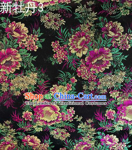 Traditional Asian Chinese Handmade Embroidery Red Peony Flowers Satin Black Silk Fabric, Top Grade Nanjing Brocade Ancient Costume Tang Suit Hanfu Clothing Fabric Cheongsam Cloth Material