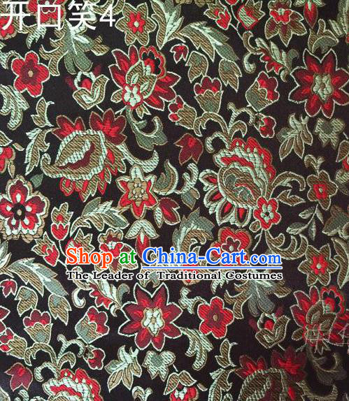 Traditional Asian Chinese Handmade Embroidery Red Flowers Satin Black Silk Fabric, Top Grade Nanjing Brocade Tang Suit Hanfu Wedding Clothing Fabric Cheongsam Cloth Material