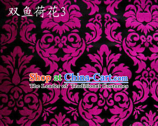 Traditional Asian Chinese Handmade Embroidery Purple Lotus Flowers Fishes Satin Black Silk Fabric, Top Grade Nanjing Brocade Tang Suit Hanfu Wedding Tibetan Clothing Fabric Cheongsam Cloth Material