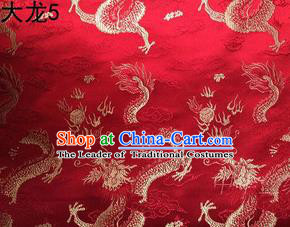 Traditional Asian Chinese Handmade Embroidery Dragons Satin Tang Suit Red Silk Fabric, Top Grade Nanjing Brocade Ancient Costume Hanfu Clothing Fabric Cheongsam Cloth Material