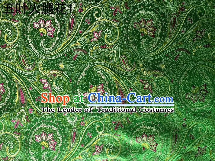 Traditional Asian Chinese Handmade Printing Flowers Satin Tang Suit Green Silk Fabric, Top Grade Nanjing Brocade Ancient Costume Hanfu Clothing Fabric Cheongsam Cloth Material