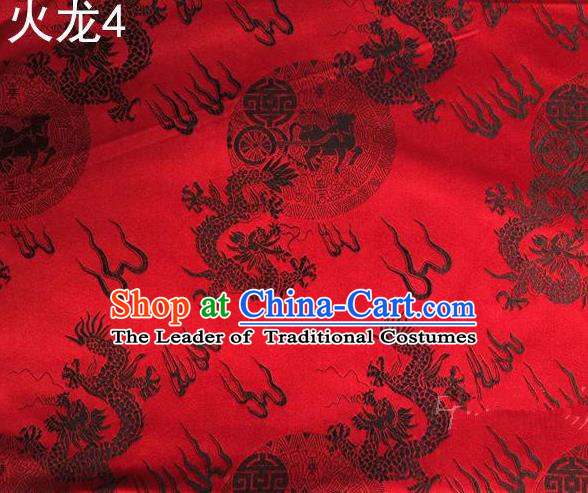 Traditional Asian Chinese Handmade Embroidery Fire Dragons Satin Tang Suit Wine Red Silk Fabric, Top Grade Nanjing Brocade Ancient Costume Hanfu Clothing Fabric Cheongsam Cloth Material
