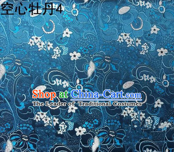 Traditional Asian Chinese Handmade Embroidery Peony Flowers Satin Tang Suit Blue Silk Fabric, Top Grade Nanjing Brocade Ancient Costume Hanfu Clothing Fabric Cheongsam Cloth Material