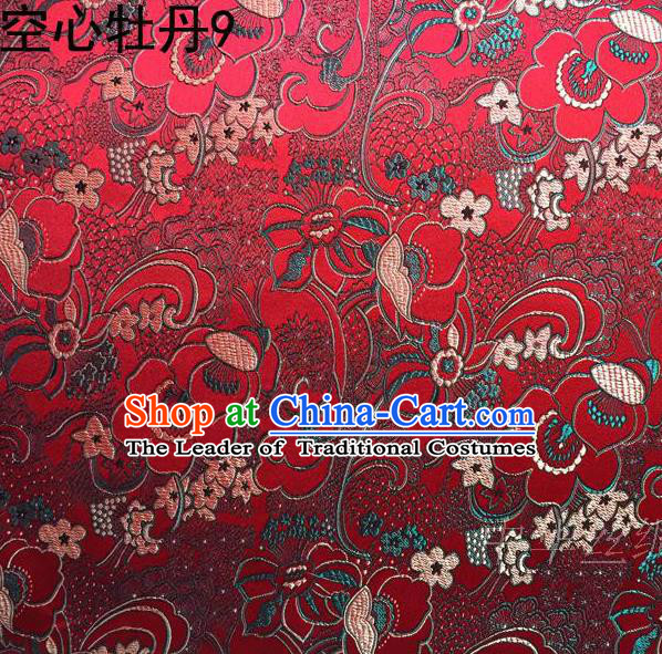 Traditional Asian Chinese Handmade Embroidery Peony Flowers Satin Tang Suit Red Silk Fabric, Top Grade Nanjing Brocade Ancient Costume Hanfu Clothing Fabric Cheongsam Cloth Material