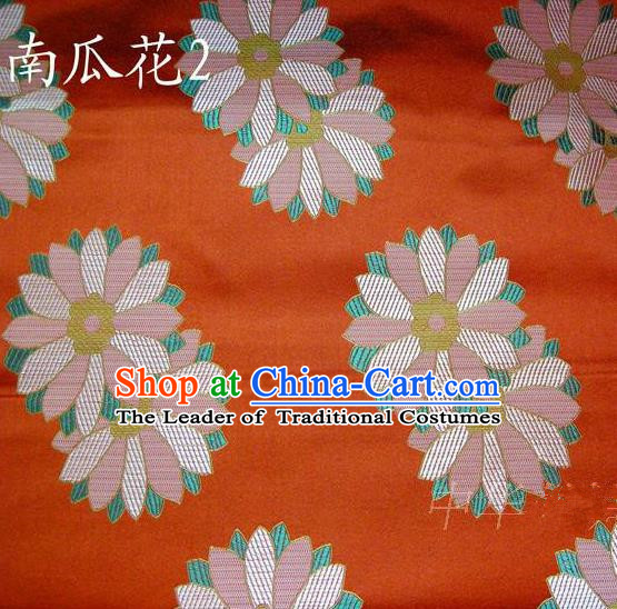 Traditional Asian Chinese Handmade Printing Cushaw Flower Satin Tang Suit Orange Silk Fabric, Top Grade Nanjing Brocade Ancient Costume Hanfu Clothing Fabric Cheongsam Cloth Material