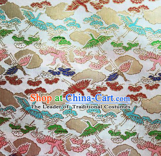 Traditional Asian Chinese Handmade Embroidery Cranes Satin Tang Suit White Fabric, Nanjing Brocade Ancient Costume Hanfu Kimono Cheongsam Cloth Material