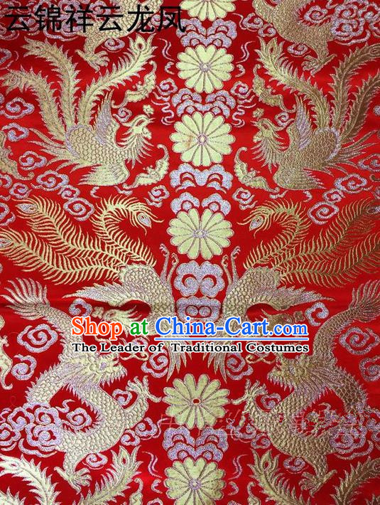 Traditional Asian Chinese Handmade Embroidery Golden Lotus Satin Tang Suit Red Fabric, Nanjing Brocade Ancient Costume Hanfu Xiuhe Suit Cheongsam Cloth Material