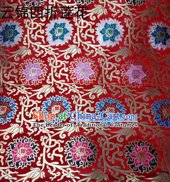 Traditional Asian Chinese Handmade Embroidery Lotus Satin Tang Suit Red Fabric, Nanjing Brocade Ancient Costume Hanfu Xiuhe Suit Cheongsam Cloth Material
