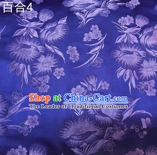 Traditional Asian Chinese Handmade Embroidery Greenish Lily Flower Satin Tang Suit Blue Fabric, Nanjing Brocade Ancient Costume Hanfu Cheongsam Cloth Material