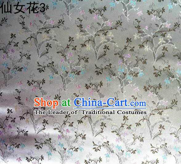 Traditional Asian Chinese Handmade Embroidery Spreading Flowers Satin Tang Suit White Silk Fabric, Top Grade Nanjing Brocade Ancient Costume Hanfu Clothing Cheongsam Cloth Material