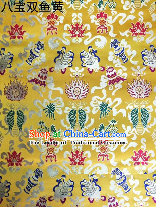 Traditional Asian Chinese Handmade Embroidery Hylotelephium Fishes Satin Xiuhe Suit Yellow Silk Fabric, Top Grade Nanjing Brocade Ancient Costume Hanfu Clothing Cheongsam Cloth Material