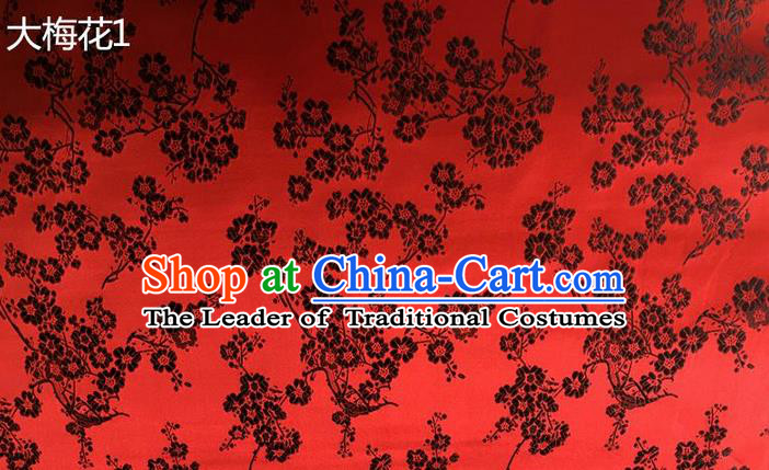 Traditional Asian Chinese Handmade Embroidery Black Plum Blossom Flowers Silk Satin Tang Suit Red Fabric, Nanjing Brocade Ancient Costume Hanfu Cheongsam Cloth Material