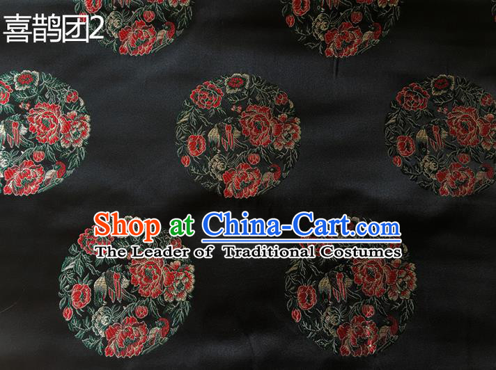 Traditional Asian Chinese Handmade Embroidery Peony Magpie Silk Satin Tang Suit Black Fabric, Nanjing Brocade Ancient Costume Hanfu Cheongsam Cloth Material