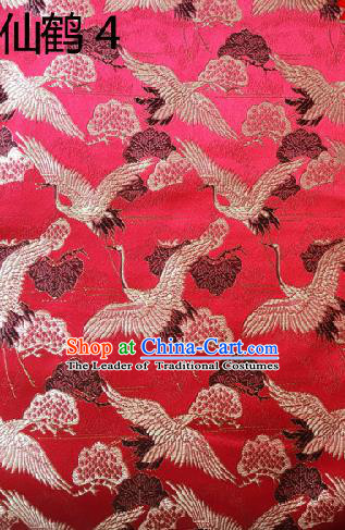 Traditional Asian Chinese Handmade Embroidery Cranes Kimono Silk Satin Tang Suit Red Fabric, Nanjing Brocade Ancient Costume Hanfu Cheongsam Cloth Material