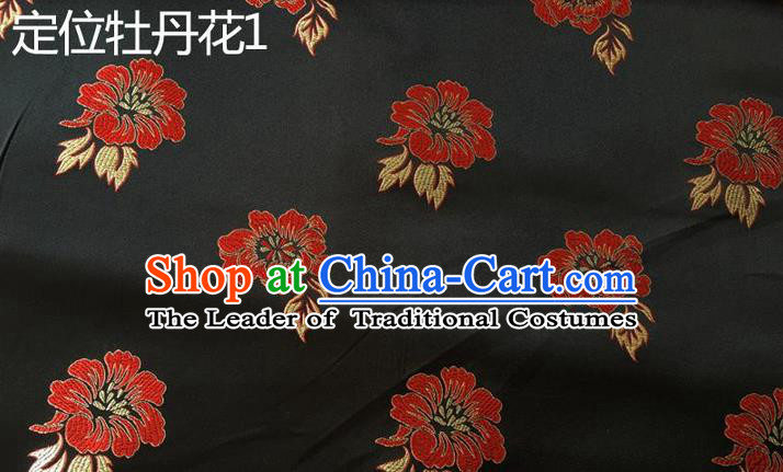 Traditional Asian Chinese Handmade Embroidery Peony Flowers Silk Satin Tang Suit Black Fabric, Nanjing Brocade Ancient Costume Hanfu Cheongsam Cloth Material