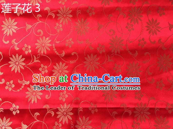 Traditional Asian Chinese Handmade Embroidery Lotus Flowers Silk Satin Tang Suit Red Fabric Drapery, Nanjing Brocade Ancient Costume Hanfu Cheongsam Cloth Material