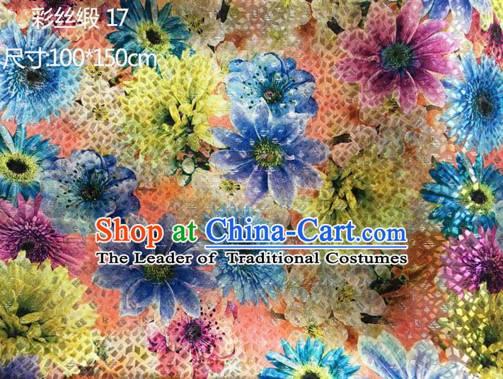 Traditional Asian Chinese Handmade Printing Blue Sunflowers Color Silk Satin Tang Suit Fabric Drapery, Nanjing Brocade Ancient Costume Hanfu Cheongsam Cloth Material