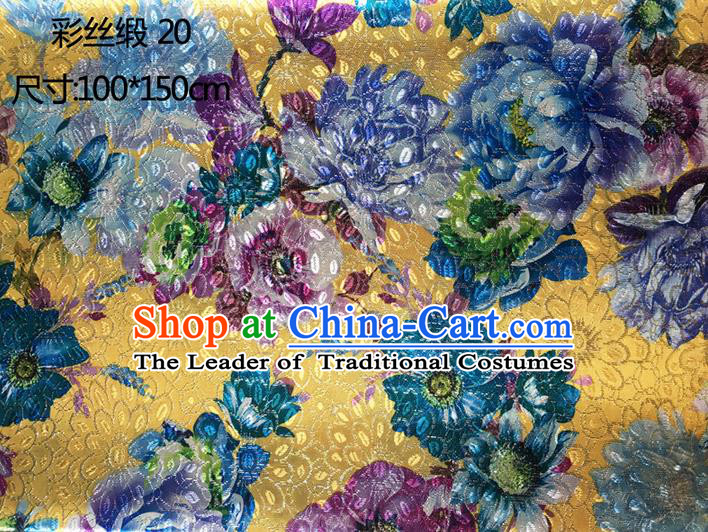 Traditional Asian Chinese Handmade Printing Peony Flowers Color Silk Satin Tang Suit Yellow Fabric Drapery, Nanjing Brocade Ancient Costume Hanfu Cheongsam Cloth Material