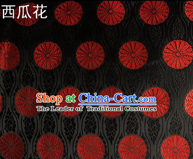 Traditional Asian Chinese Handmade Embroidery Watermelon Flowers Silk Satin Tang Suit Black Fabric Drapery, Nanjing Brocade Ancient Costume Hanfu Cheongsam Cloth Material