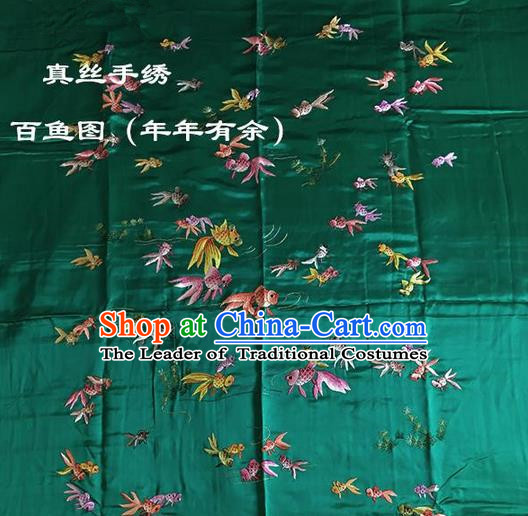 Traditional Asian Chinese Handmade Embroidery Fishes Quilt Cover Silk Tapestry Green Fabric Drapery, Top Grade Nanjing Brocade Bed Sheet Cloth Material
