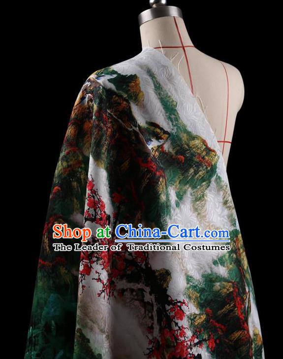 Traditional Asian Chinese Handmade Printing Landscape Dress Silk Satin Fabric Drapery, Top Grade Nanjing Brocade Ancient Costume Cheongsam Cloth Material
