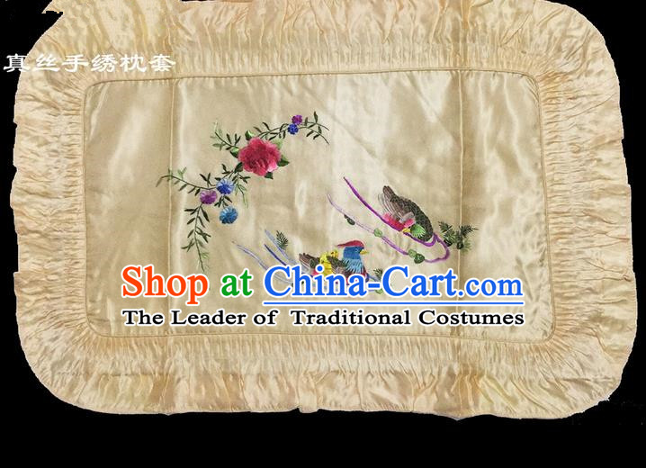 Traditional Asian Chinese Handmade Embroidery Mandarin Duck Silk Yellow Pillowslip, Top Grade Nanjing Brocade Pillow Cover
