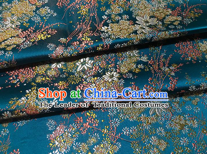 Traditional Asian Chinese Handmade Embroidery Oriental Cherry Silk Satin Tang Suit Blue Fabric Drapery, Nanjing Brocade Ancient Costume Hanfu Cheongsam Cloth Material