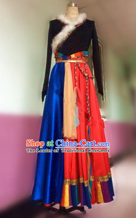 Traditional Chinese Zang Nationality Dance Dress, Mongols Female Folk Dance Ethnic Pleated Skirt, Chinese Tibetan Minority Nationality Embroidery Costume for Women