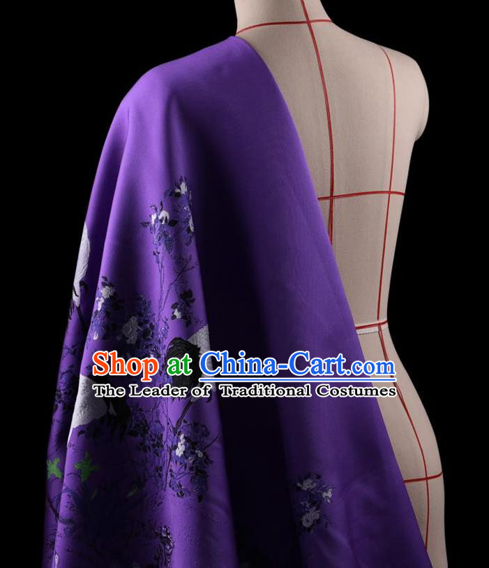 Traditional Asian Chinese Handmade Printing Cranes Dress Silk Satin Purple Fabric Drapery, Top Grade Nanjing Brocade Ancient Costume Cheongsam Cloth Material