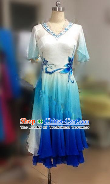 Traditional Ancient Chinese National Folk Yanko Dance Dress, Elegant Hanfu China Classical Dance Dress Blue Clothing for Women
