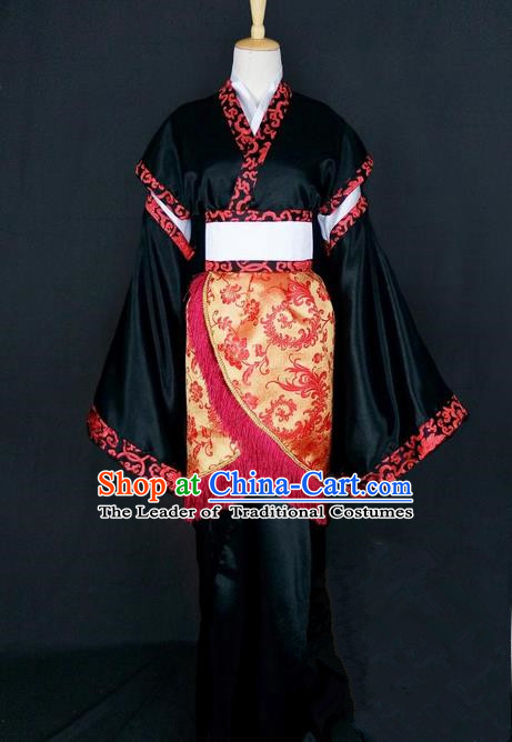 Asian Chinese Traditional Cospaly Han Dynasty Princess Costume, China Elegant Hanfu Fairy Black Dress for Women