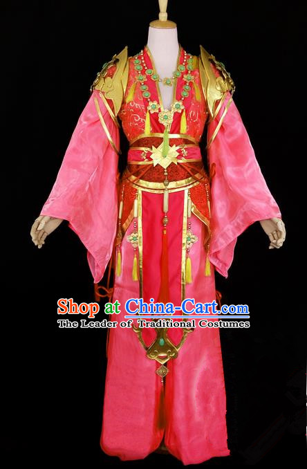 Asian Chinese Traditional Cospaly Tang Dynasty Young Lady Costume, China Elegant Hanfu Fairy Pink Dress Clothing for Women
