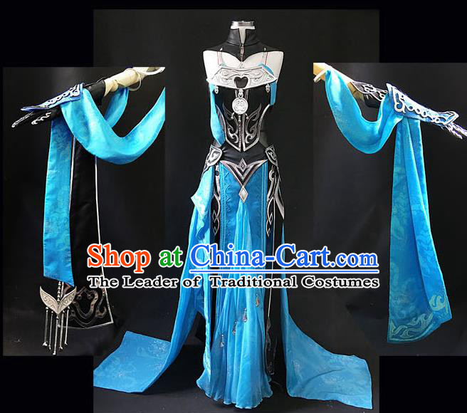 Asian Chinese Traditional Cospaly Costume Customization Swordswoman Costume, China Elegant Hanfu Peri Blue Dress Clothing for Women
