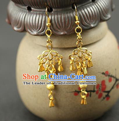 Chinese Ancient Style Hair Jewelry Accessories Wedding Golden Earrings, Hanfu Xiuhe Suits Bride Handmade Eardrop for Women