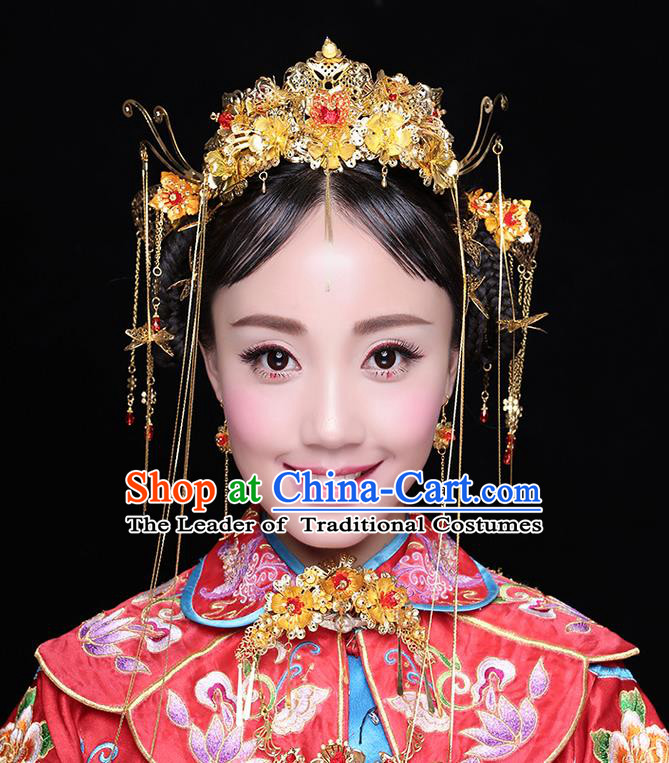 Asian Chinese Ancient Style Hair Jewelry Accessories Wedding Tassel Golden Phoenix Coronet, Step Shake Hanfu Xiuhe Suits Bride Handmade Hairpins Complete Set for Women