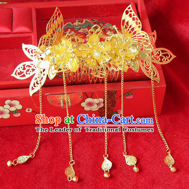 Asian Chinese Ancient Style Hair Jewelry Accessories Wedding Tassel Golden Frontlet, Step Shake Hanfu Xiuhe Suits Bride Handmade Hair Comb for Women