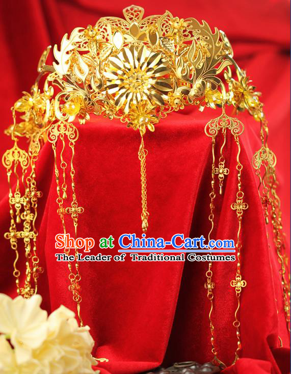 Chinese Ancient Style Hair Jewelry Accessories Wedding Luxury Tassel Hairpins, Hanfu Xiuhe Suits Step Shake Bride Tuinga Handmade Golden Phoenix Coronet for Women