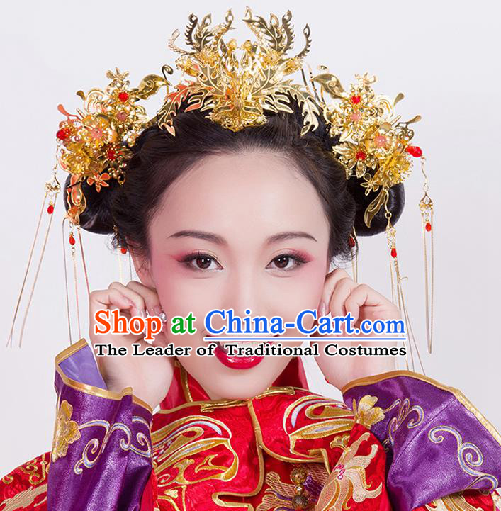 Chinese Ancient Style Hair Jewelry Accessories Wedding Tassel Hair Stick Phoenix Coronet, Hanfu Xiuhe Suits Bride Handmade Hairpins Complete Set for Women