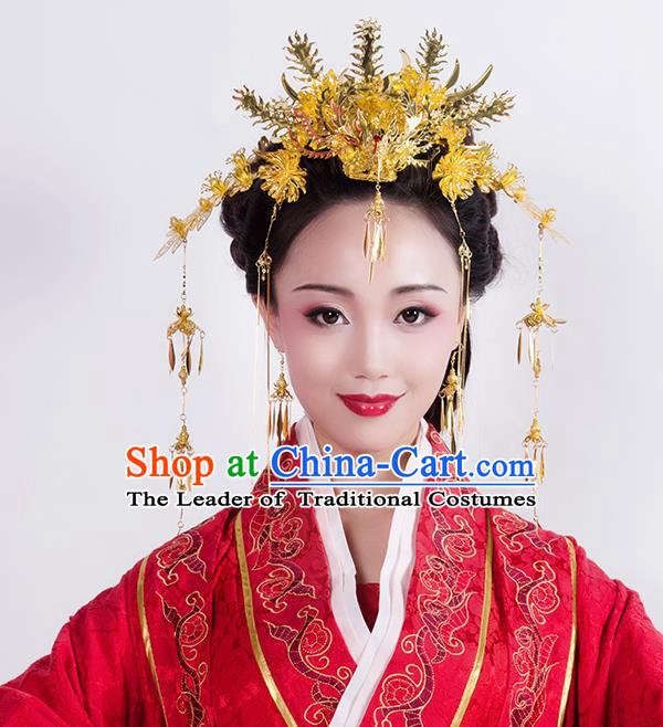 Chinese Ancient Style Hair Jewelry Accessories Wedding Golden Phoenix Coronet Complete Set, Hanfu Xiuhe Suits Step Shake Bride Handmade Hairpins for Women