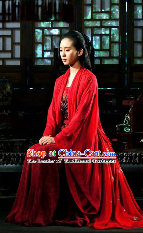 Asian Chinese Traditional Ancient Bride Wedding Costume and Headpiece Complete Set, Lost Love In Times China Northern and Southern Dynasties Fairy Princess Red Dress Clothing