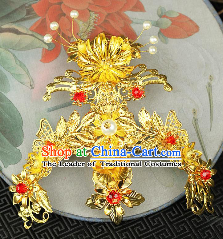 Chinese Ancient Style Hair Jewelry Accessories Wedding Flowers Hairpins, Hanfu Xiuhe Suits Step Shake Bride Handmade Hair Comb for Women