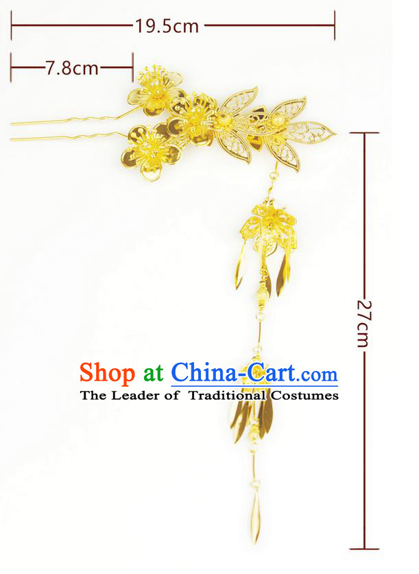 Chinese Ancient Style Hair Jewelry Accessories Wedding Golden Flower Tassel Hairpins, Hanfu Xiuhe Suits Step Shake Bride Handmade Hair Stick for Women