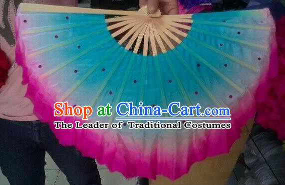Pure Silk Traditional Chinese Fans Oriental Gradient Blue Ribbon Fan Folk Dance Cultural Yanko Dance Hand Fan