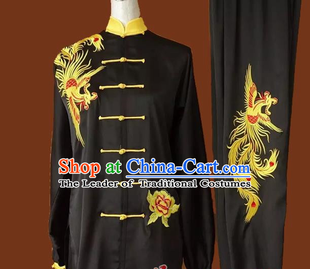 Top Grade Kung Fu Silk Costume Asian Chinese Martial Arts Tai Chi Training Black Uniform, China Embroidery Phoenix Gongfu Shaolin Wushu Clothing for Men for Women