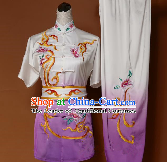 Top Grade Kung Fu Silk Costume Asian Chinese Martial Arts Tai Chi Training Gradient Purple Uniform, China Embroidery Peony Gongfu Shaolin Wushu Clothing for Women