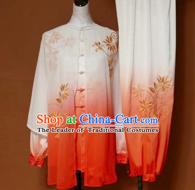 Top Grade Kung Fu Silk Costume Asian Chinese Martial Arts Tai Chi Training Orange Uniform, China Embroidery Leaf Gongfu Shaolin Wushu Clothing for Women