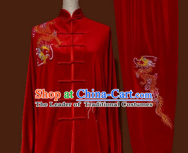 Asian Chinese Top Grade Velvet Kung Fu Costume Martial Arts Tai Chi Training Red Uniform, China Embroidery Dragon Gongfu Shaolin Wushu Clothing for Women