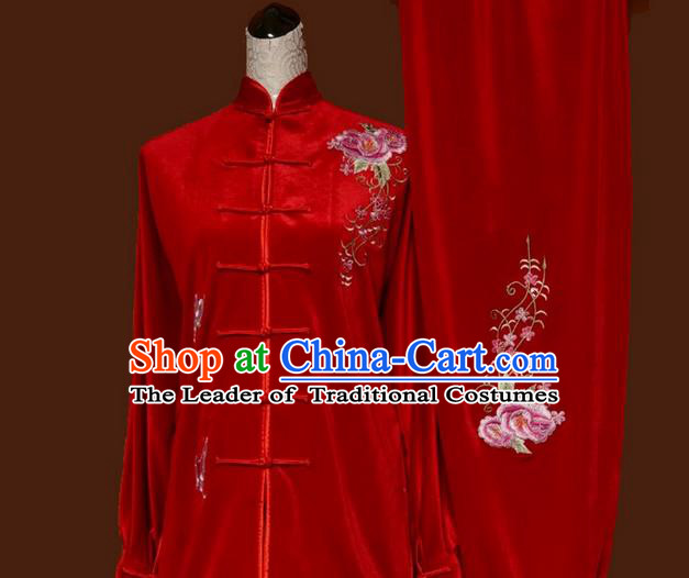Asian Chinese Top Grade Velvet Kung Fu Costume Martial Arts Tai Chi Training Red Uniform, China Embroidery Butterfly Flowers Gongfu Shaolin Wushu Clothing for Women