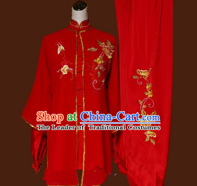 Top Grade Kung Fu Silk Costume Asian Chinese Martial Arts Tai Chi Training Red Uniform, China Embroidery Peony Gongfu Shaolin Wushu Clothing for Women